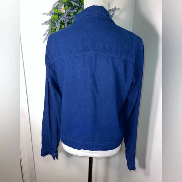 Dash, L, navy blue, long sleeve, button front w/collar ,crop,linen blend shacket - Picture 2 of 7